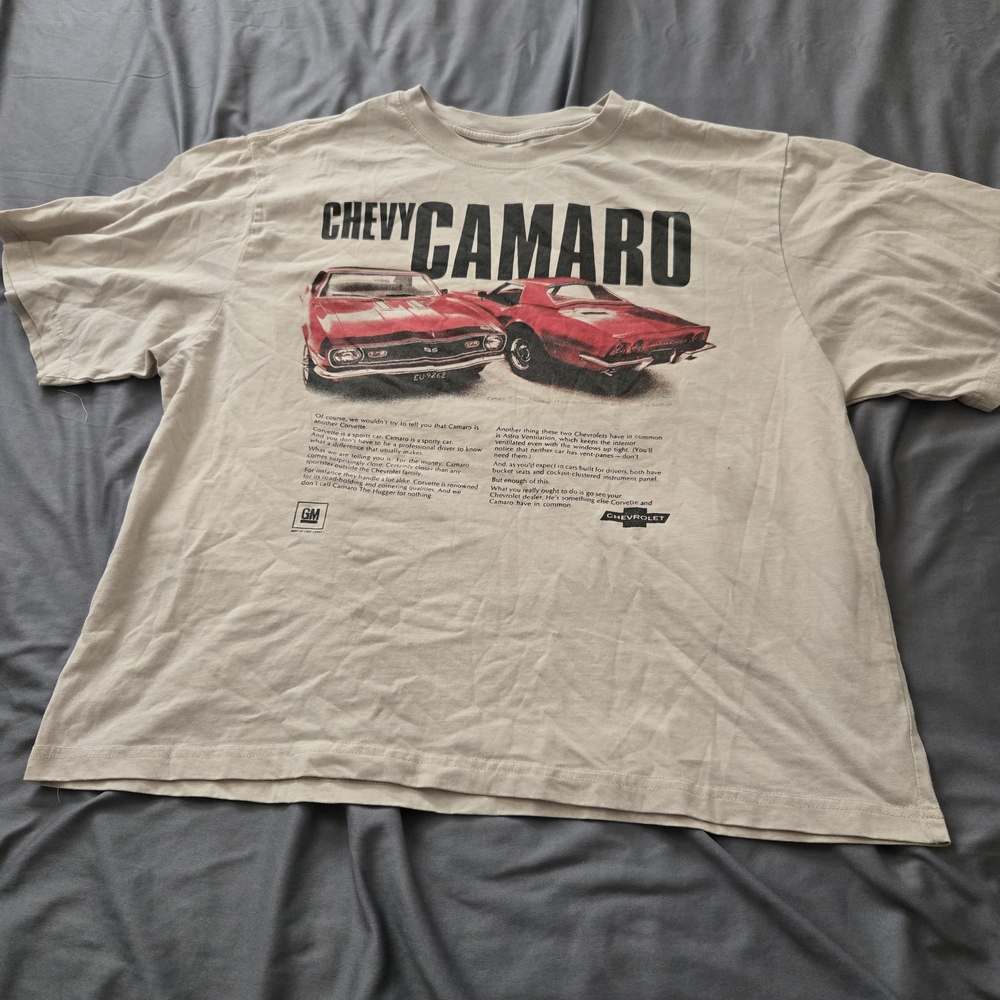 Chemistry Chevy Camaro Graphic Shirt Mens Size Large Beige Red Sport Car Hot Rod